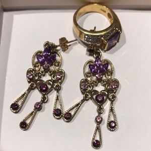 Purple and gold tone chandelier set, size 7 ring